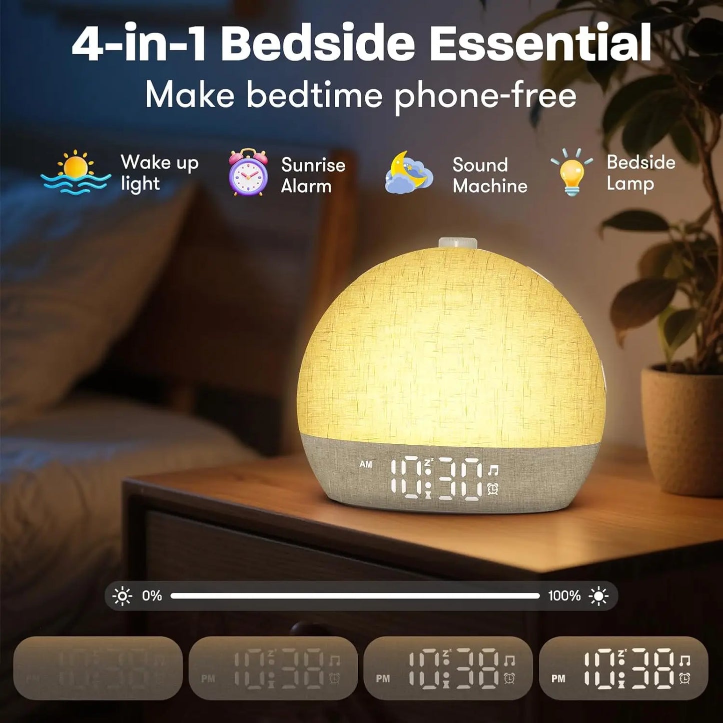 Sunrise alarm clock lifestyle - bedroom setup with white noise sounds